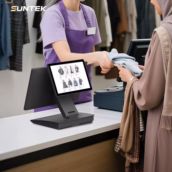 Máquina POS todo en uno con sistema POS táctil de pantalla dual de 15,6 pulgadas Pantalla táctil de máquina POS inteligente todo en uno de 15,6